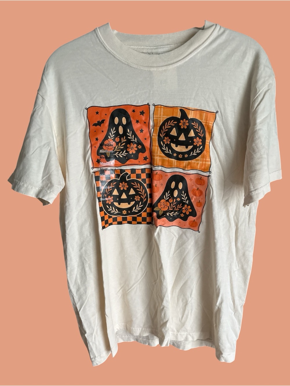 Woman’s  Halloween Ghost & Pumpkin Graphic Costume T-Shirt - Cream & Orange
